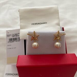 Brand New Salvatore Ferragamo Gold Star Earrings with Pearls